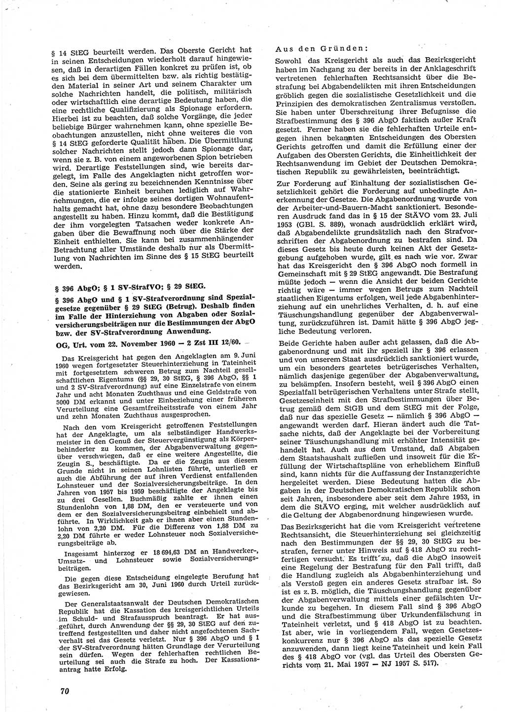Neue Justiz (NJ), Zeitschrift für Recht und Rechtswissenschaft [Deutsche Demokratische Republik (DDR)], 15. Jahrgang 1961, Seite 70 (NJ DDR 1961, S. 70)