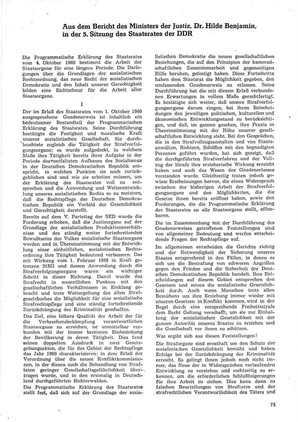 Neue Justiz (NJ), Zeitschrift für Recht und Rechtswissenschaft [Deutsche Demokratische Republik (DDR)], 15. Jahrgang 1961, Seite 75 (NJ DDR 1961, S. 75)