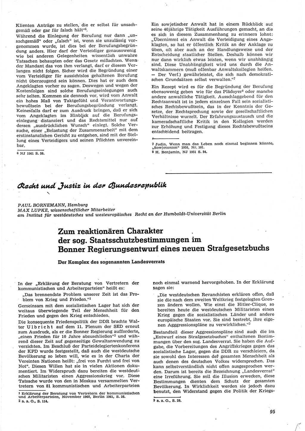 Neue Justiz (NJ), Zeitschrift für Recht und Rechtswissenschaft [Deutsche Demokratische Republik (DDR)], 15. Jahrgang 1961, Seite 95 (NJ DDR 1961, S. 95)