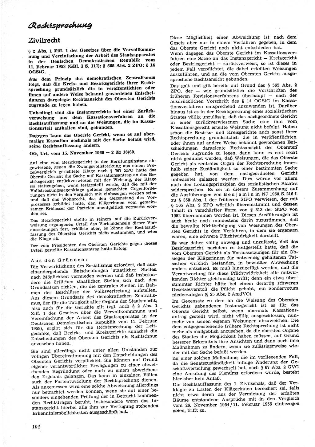 Neue Justiz (NJ), Zeitschrift für Recht und Rechtswissenschaft [Deutsche Demokratische Republik (DDR)], 15. Jahrgang 1961, Seite 104 (NJ DDR 1961, S. 104)