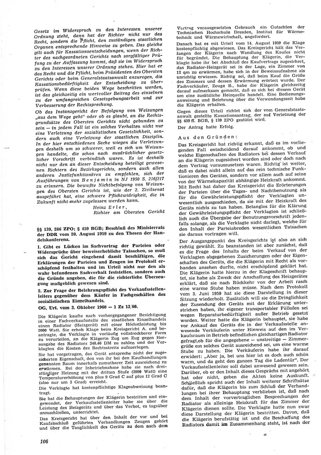 Neue Justiz (NJ), Zeitschrift für Recht und Rechtswissenschaft [Deutsche Demokratische Republik (DDR)], 15. Jahrgang 1961, Seite 106 (NJ DDR 1961, S. 106)