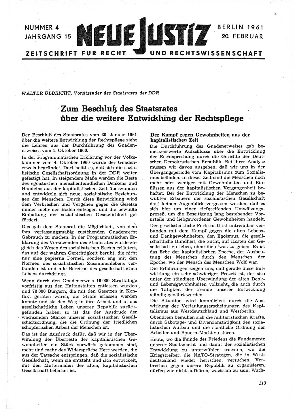 Neue Justiz (NJ), Zeitschrift für Recht und Rechtswissenschaft [Deutsche Demokratische Republik (DDR)], 15. Jahrgang 1961, Seite 113 (NJ DDR 1961, S. 113)