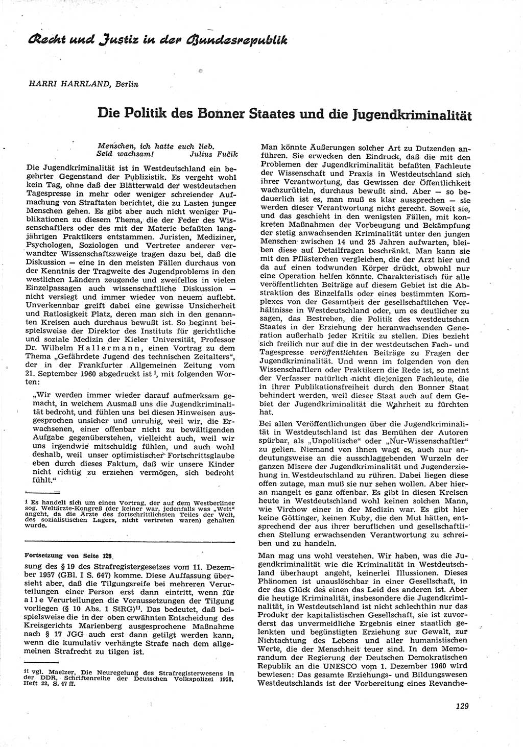 Neue Justiz (NJ), Zeitschrift für Recht und Rechtswissenschaft [Deutsche Demokratische Republik (DDR)], 15. Jahrgang 1961, Seite 129 (NJ DDR 1961, S. 129)