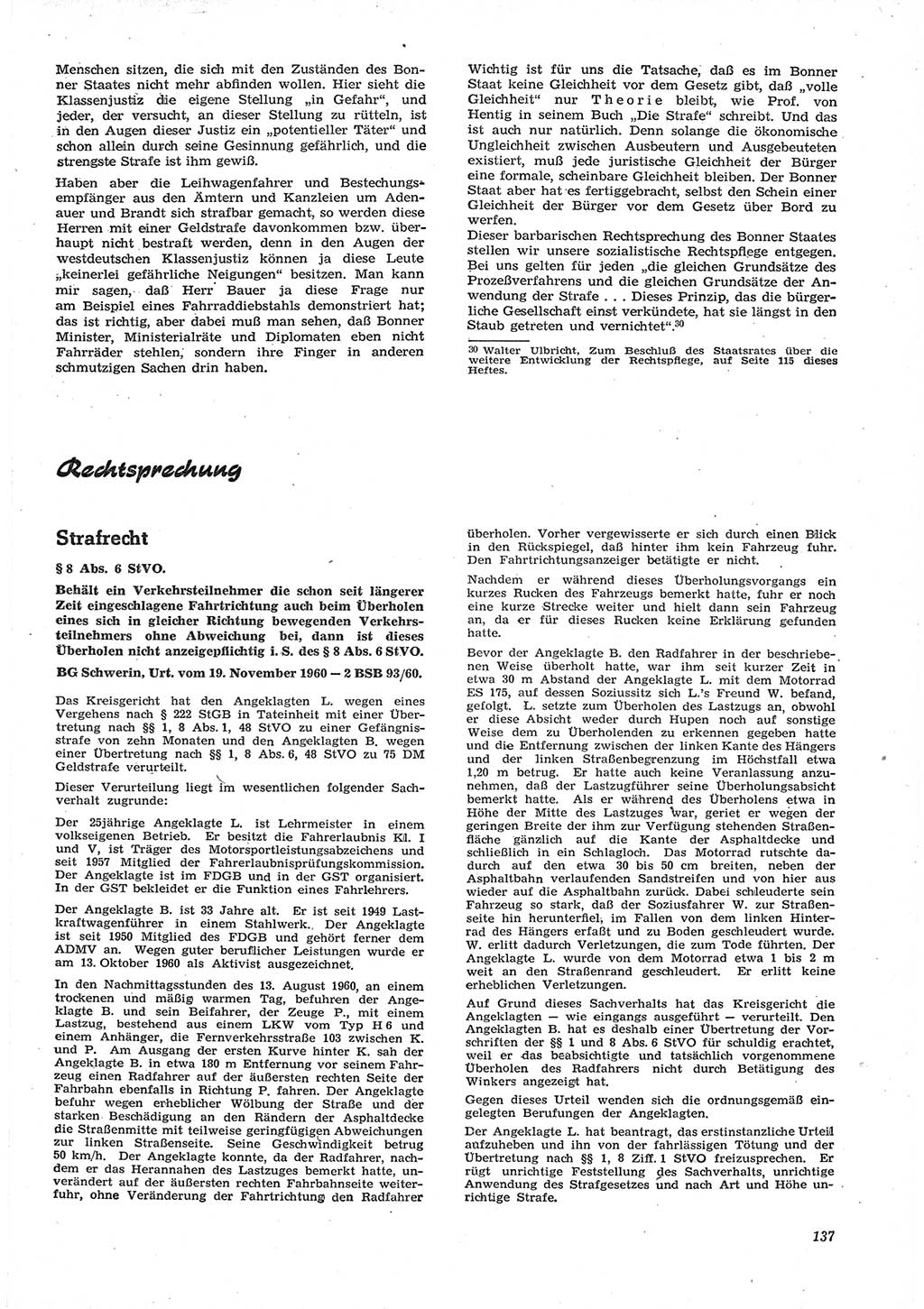 Neue Justiz (NJ), Zeitschrift für Recht und Rechtswissenschaft [Deutsche Demokratische Republik (DDR)], 15. Jahrgang 1961, Seite 137 (NJ DDR 1961, S. 137)