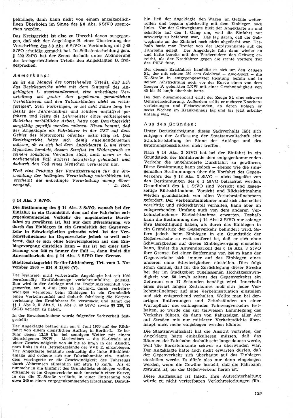 Neue Justiz (NJ), Zeitschrift für Recht und Rechtswissenschaft [Deutsche Demokratische Republik (DDR)], 15. Jahrgang 1961, Seite 139 (NJ DDR 1961, S. 139)