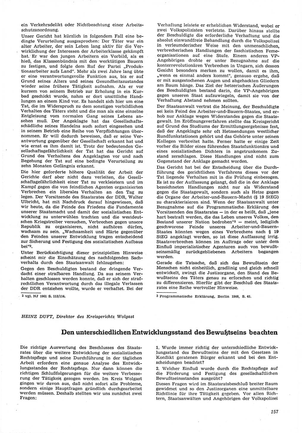 Neue Justiz (NJ), Zeitschrift für Recht und Rechtswissenschaft [Deutsche Demokratische Republik (DDR)], 15. Jahrgang 1961, Seite 157 (NJ DDR 1961, S. 157)