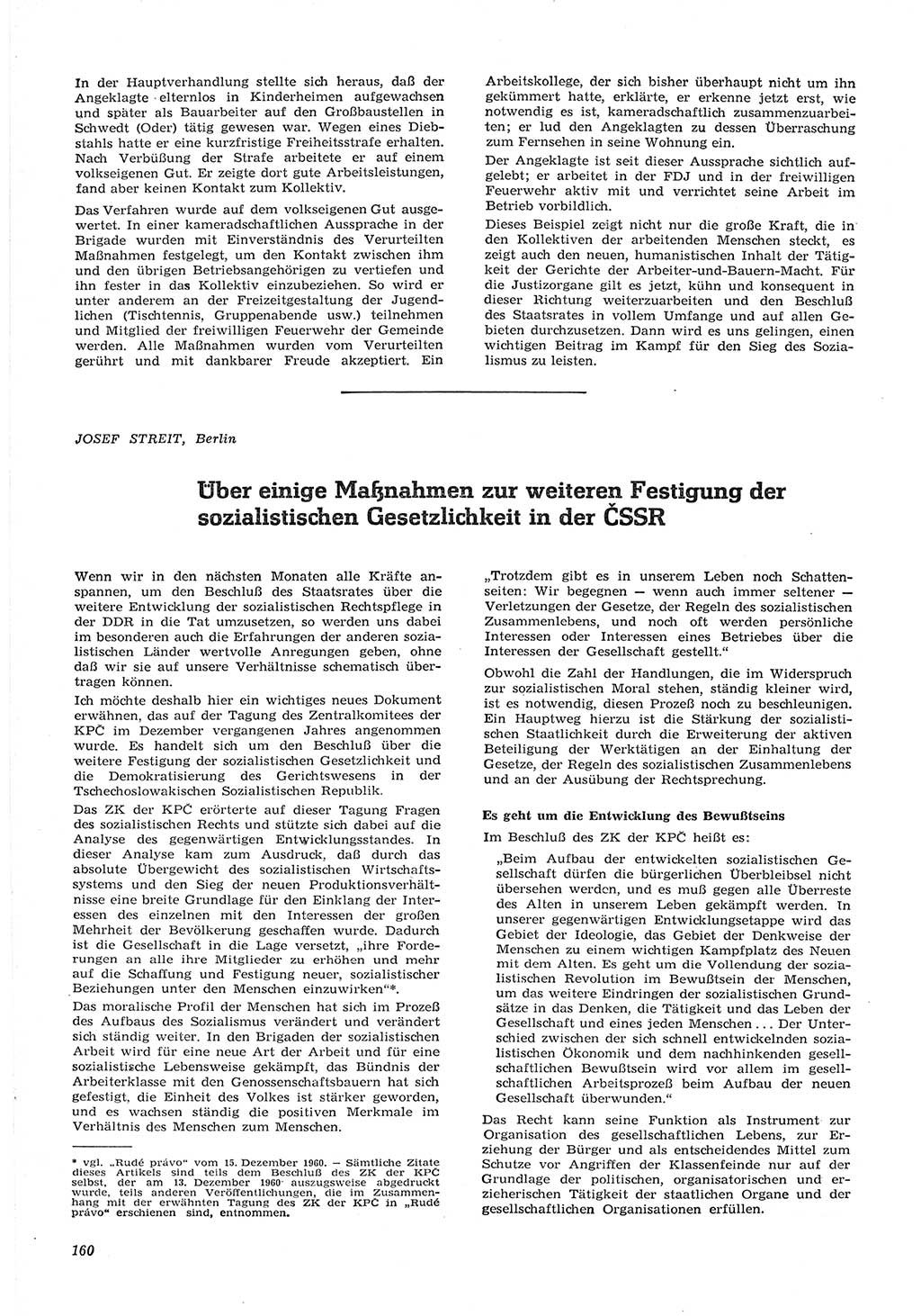 Neue Justiz (NJ), Zeitschrift für Recht und Rechtswissenschaft [Deutsche Demokratische Republik (DDR)], 15. Jahrgang 1961, Seite 160 (NJ DDR 1961, S. 160)