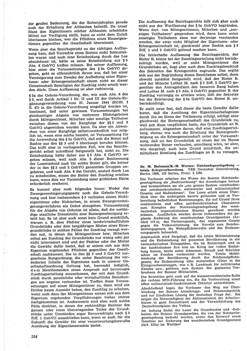 Neue Justiz (NJ), Zeitschrift für Recht und Rechtswissenschaft [Deutsche Demokratische Republik (DDR)], 15. Jahrgang 1961, Seite 184 (NJ DDR 1961, S. 184)