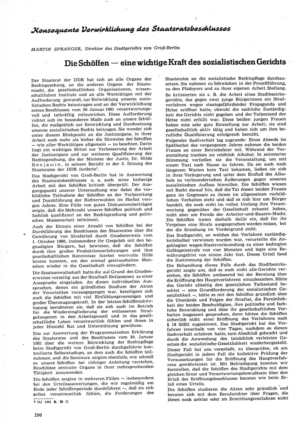 Neue Justiz (NJ), Zeitschrift für Recht und Rechtswissenschaft [Deutsche Demokratische Republik (DDR)], 15. Jahrgang 1961, Seite 190 (NJ DDR 1961, S. 190)