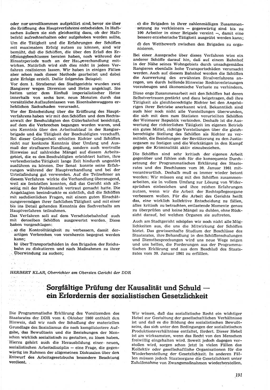 Neue Justiz (NJ), Zeitschrift für Recht und Rechtswissenschaft [Deutsche Demokratische Republik (DDR)], 15. Jahrgang 1961, Seite 191 (NJ DDR 1961, S. 191)
