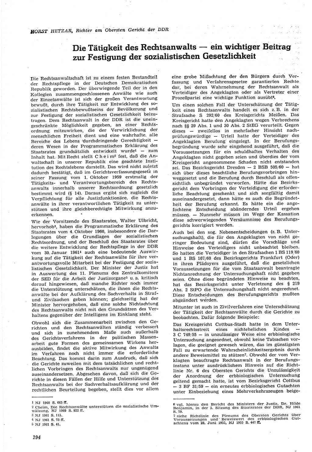 Neue Justiz (NJ), Zeitschrift für Recht und Rechtswissenschaft [Deutsche Demokratische Republik (DDR)], 15. Jahrgang 1961, Seite 194 (NJ DDR 1961, S. 194)