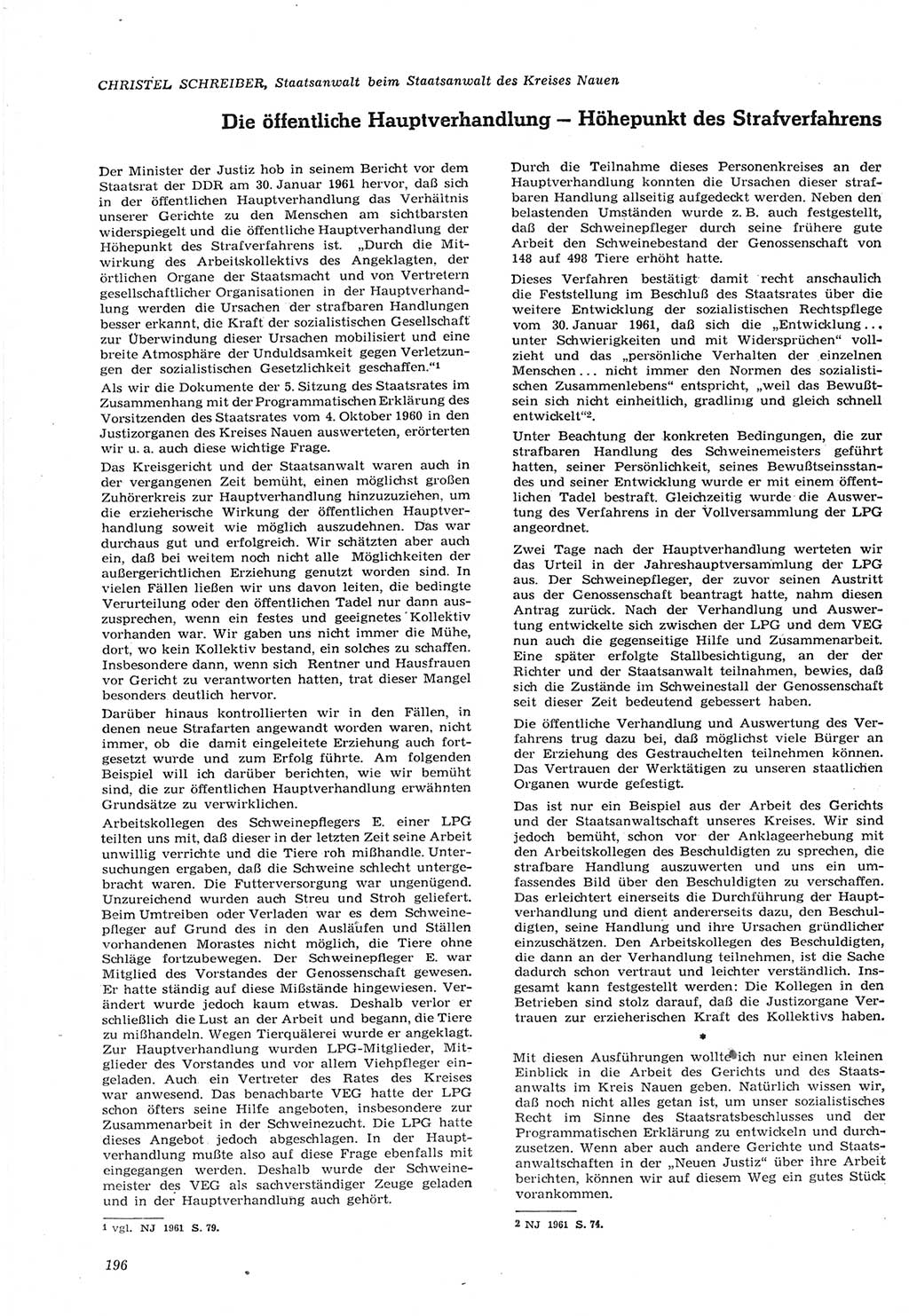 Neue Justiz (NJ), Zeitschrift für Recht und Rechtswissenschaft [Deutsche Demokratische Republik (DDR)], 15. Jahrgang 1961, Seite 196 (NJ DDR 1961, S. 196)