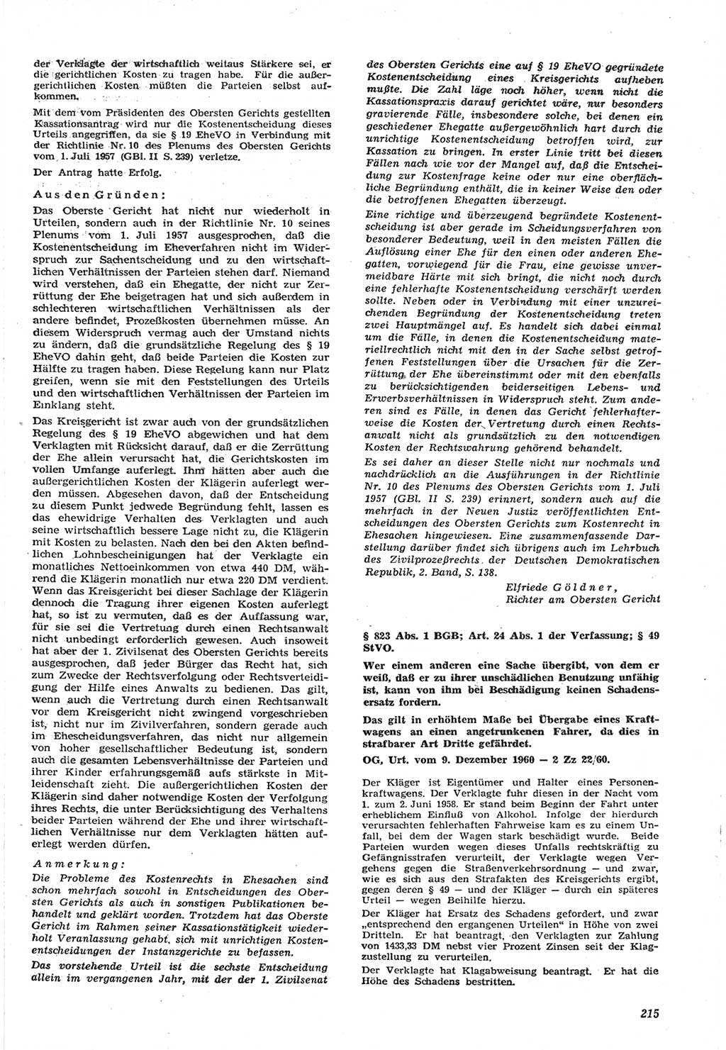 Neue Justiz (NJ), Zeitschrift für Recht und Rechtswissenschaft [Deutsche Demokratische Republik (DDR)], 15. Jahrgang 1961, Seite 215 (NJ DDR 1961, S. 215)