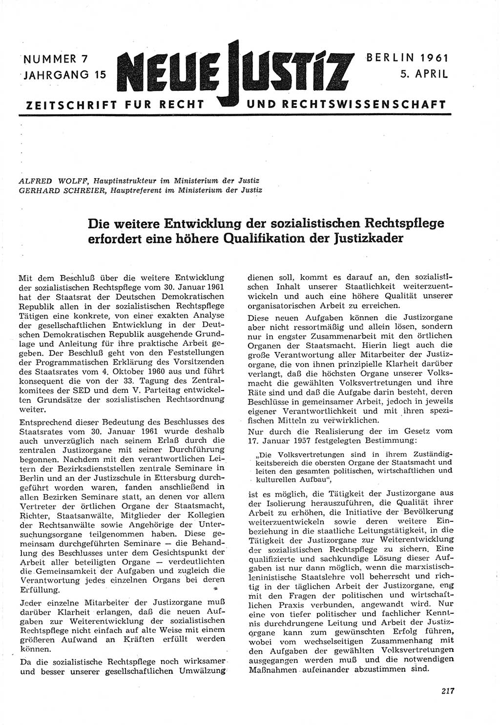 Neue Justiz (NJ), Zeitschrift für Recht und Rechtswissenschaft [Deutsche Demokratische Republik (DDR)], 15. Jahrgang 1961, Seite 217 (NJ DDR 1961, S. 217)