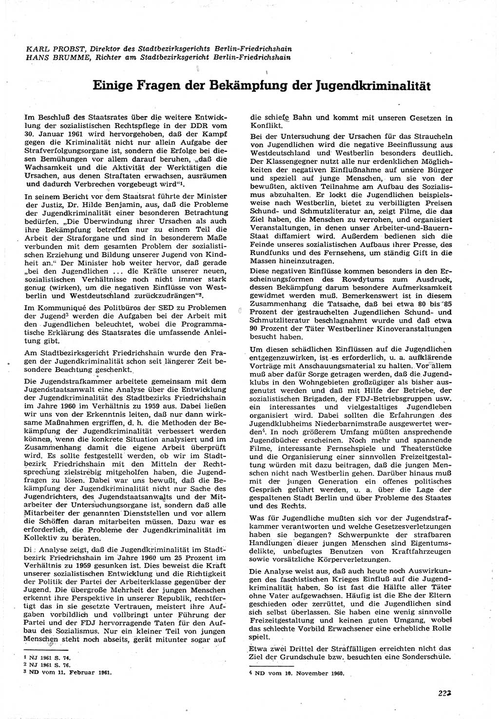 Neue Justiz (NJ), Zeitschrift für Recht und Rechtswissenschaft [Deutsche Demokratische Republik (DDR)], 15. Jahrgang 1961, Seite 223 (NJ DDR 1961, S. 223)