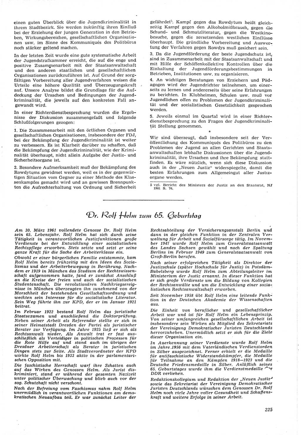 Neue Justiz (NJ), Zeitschrift für Recht und Rechtswissenschaft [Deutsche Demokratische Republik (DDR)], 15. Jahrgang 1961, Seite 225 (NJ DDR 1961, S. 225)