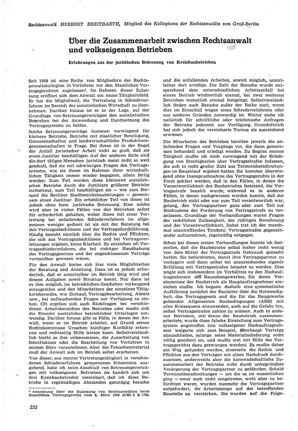 Neue Justiz (NJ), Zeitschrift für Recht und Rechtswissenschaft [Deutsche Demokratische Republik (DDR)], 15. Jahrgang 1961, Seite 232 (NJ DDR 1961, S. 232)