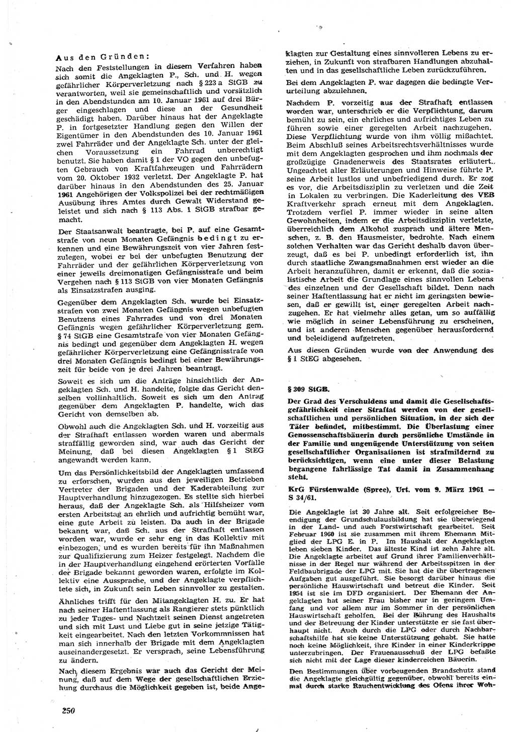 Neue Justiz (NJ), Zeitschrift für Recht und Rechtswissenschaft [Deutsche Demokratische Republik (DDR)], 15. Jahrgang 1961, Seite 250 (NJ DDR 1961, S. 250)