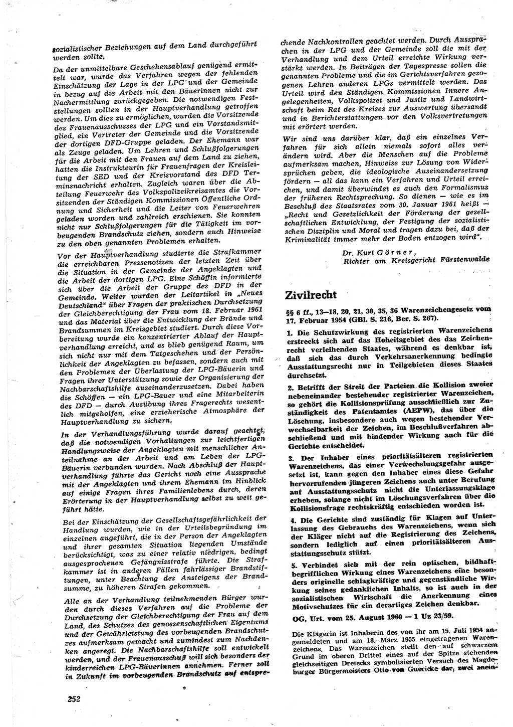 Neue Justiz (NJ), Zeitschrift für Recht und Rechtswissenschaft [Deutsche Demokratische Republik (DDR)], 15. Jahrgang 1961, Seite 252 (NJ DDR 1961, S. 252)