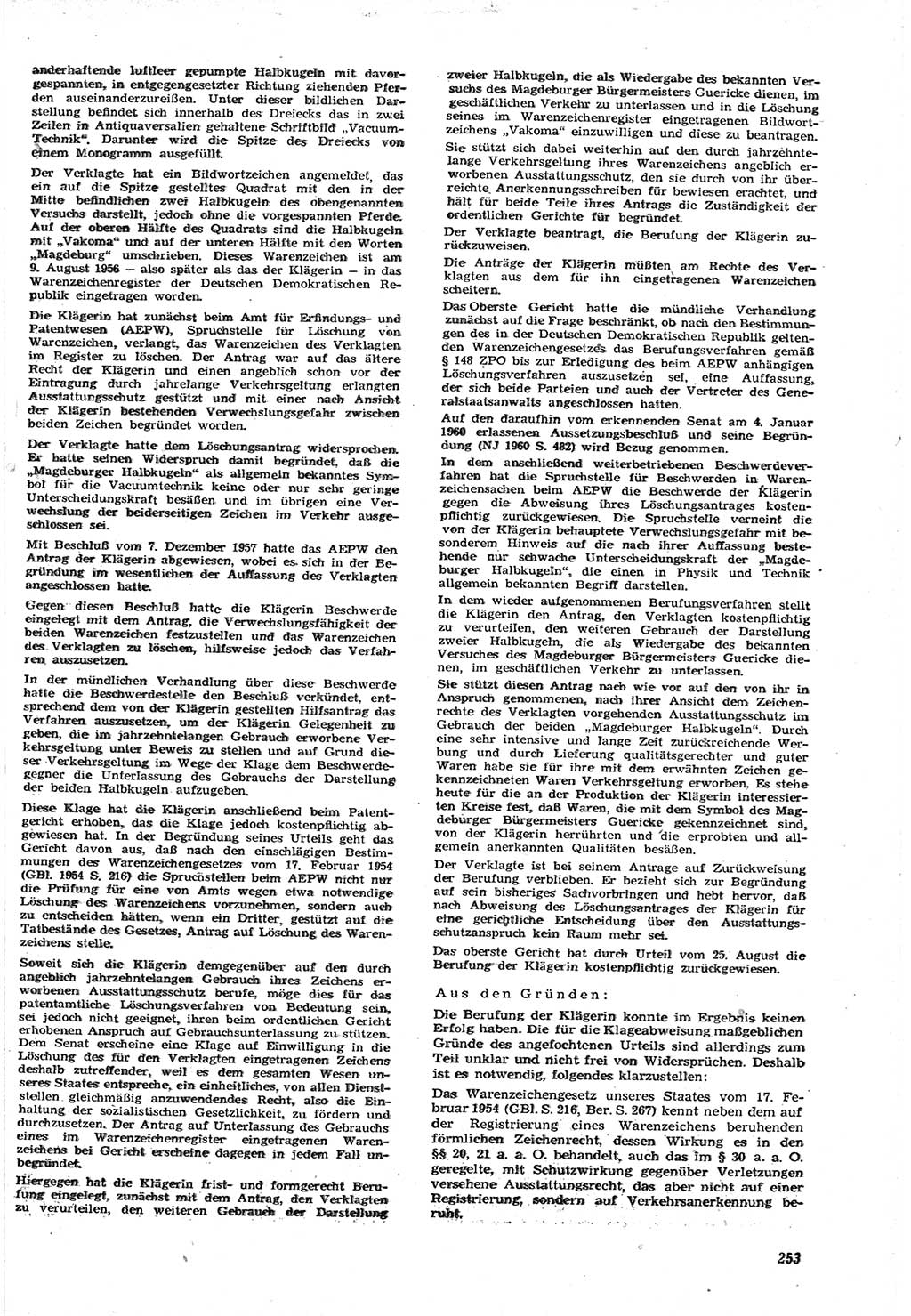 Neue Justiz (NJ), Zeitschrift für Recht und Rechtswissenschaft [Deutsche Demokratische Republik (DDR)], 15. Jahrgang 1961, Seite 253 (NJ DDR 1961, S. 253)