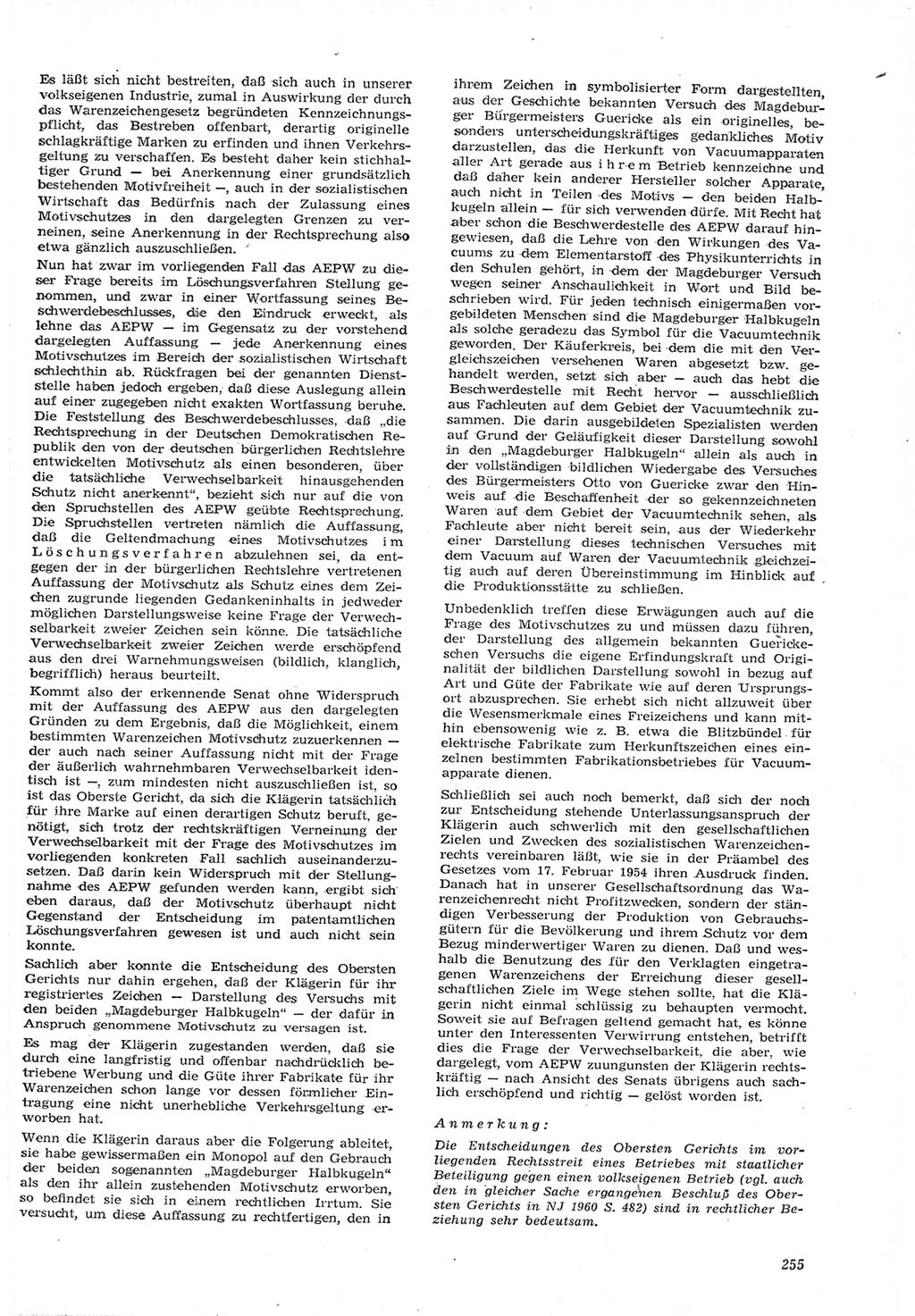 Neue Justiz (NJ), Zeitschrift für Recht und Rechtswissenschaft [Deutsche Demokratische Republik (DDR)], 15. Jahrgang 1961, Seite 255 (NJ DDR 1961, S. 255)