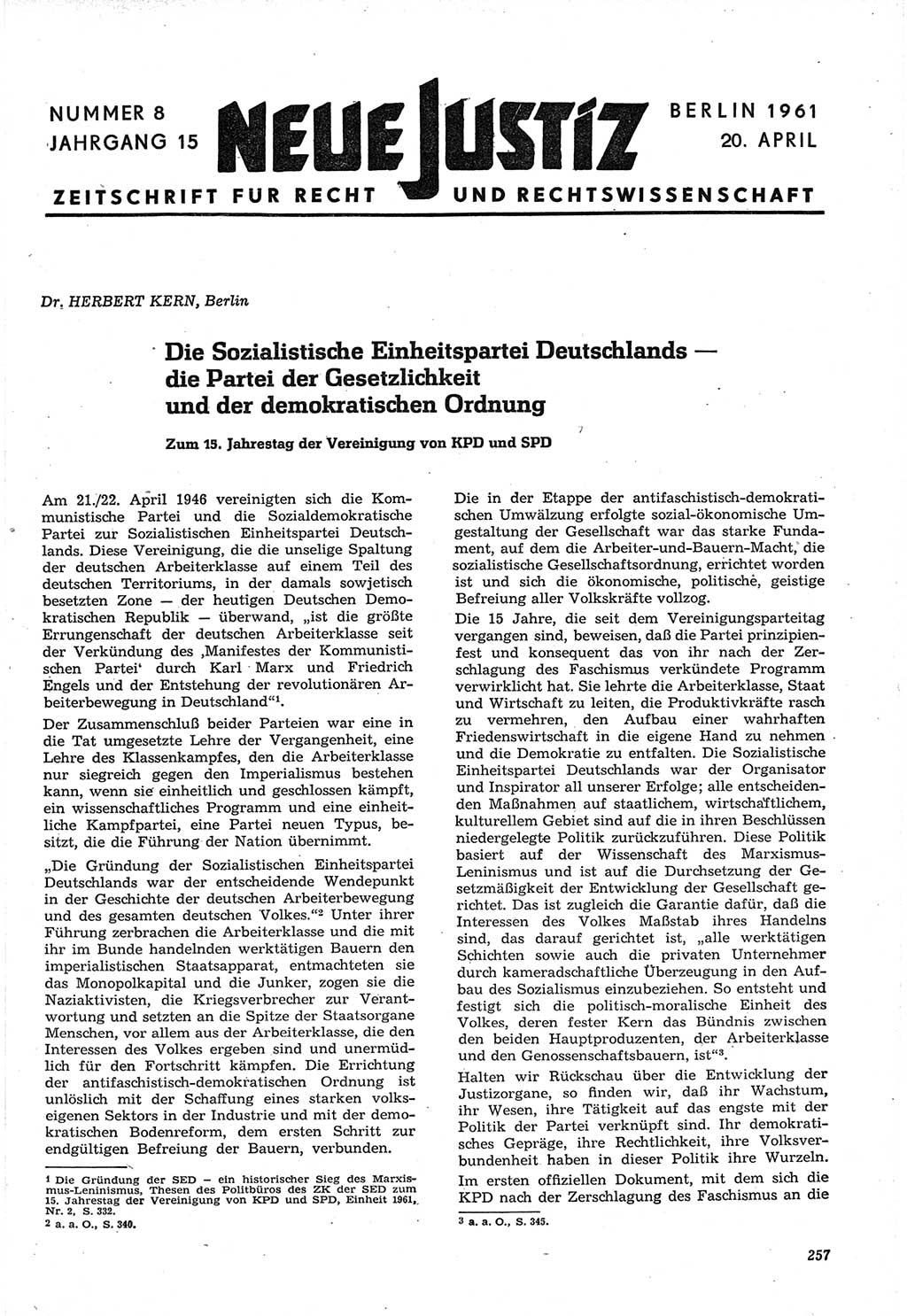 Neue Justiz (NJ), Zeitschrift für Recht und Rechtswissenschaft [Deutsche Demokratische Republik (DDR)], 15. Jahrgang 1961, Seite 257 (NJ DDR 1961, S. 257)