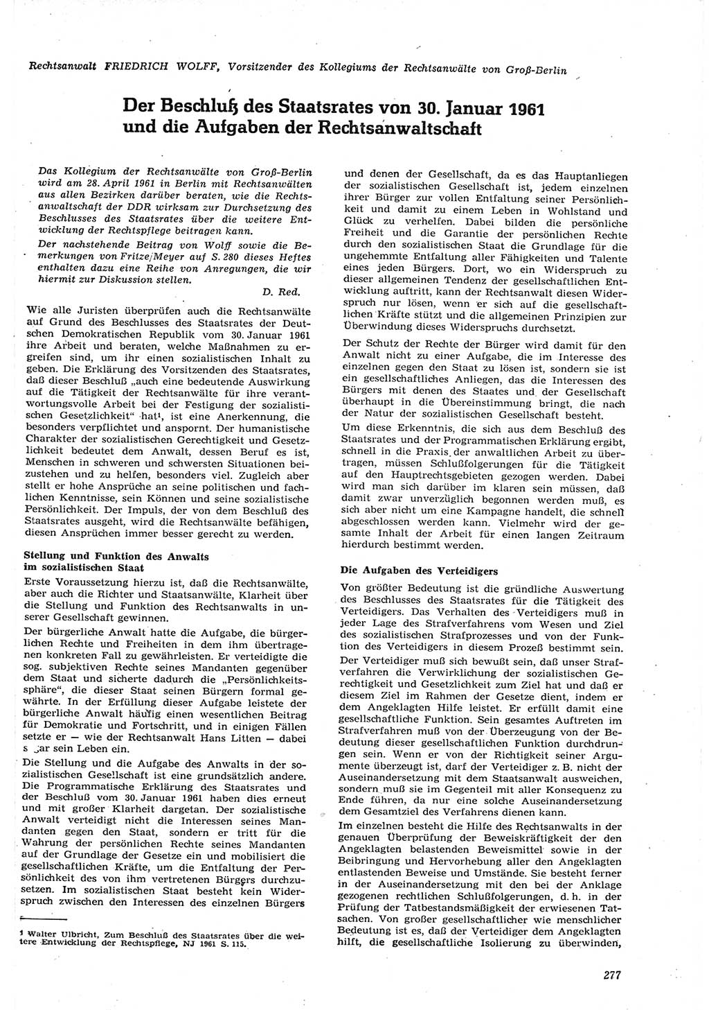 Neue Justiz (NJ), Zeitschrift für Recht und Rechtswissenschaft [Deutsche Demokratische Republik (DDR)], 15. Jahrgang 1961, Seite 277 (NJ DDR 1961, S. 277)