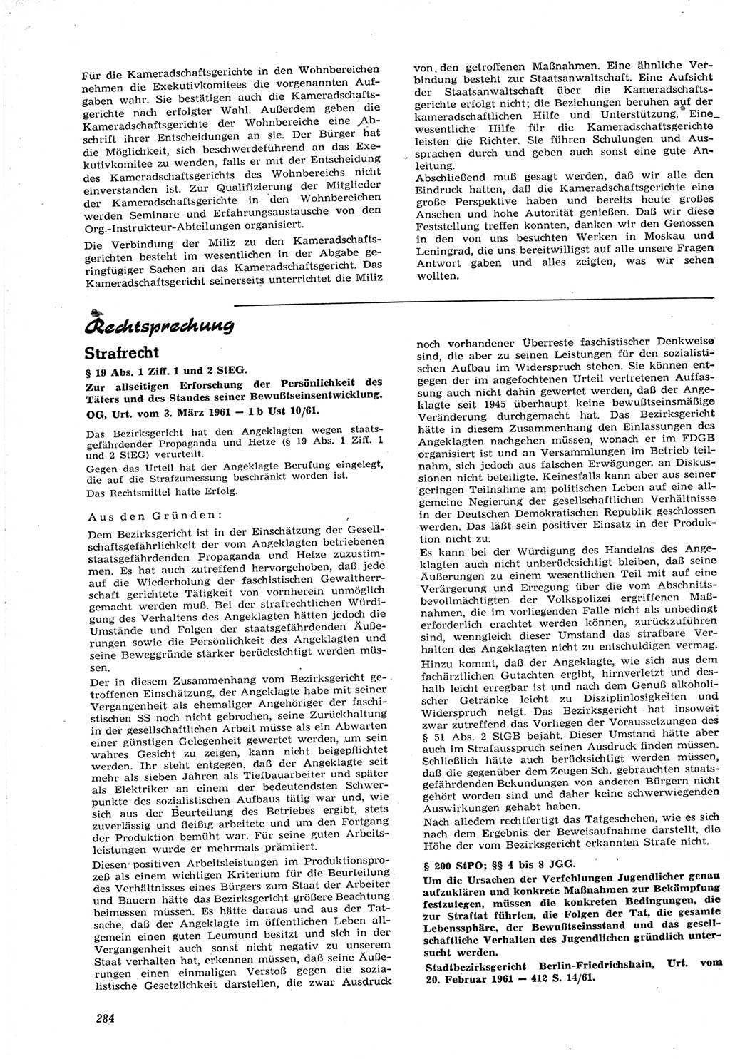 Neue Justiz (NJ), Zeitschrift für Recht und Rechtswissenschaft [Deutsche Demokratische Republik (DDR)], 15. Jahrgang 1961, Seite 284 (NJ DDR 1961, S. 284)