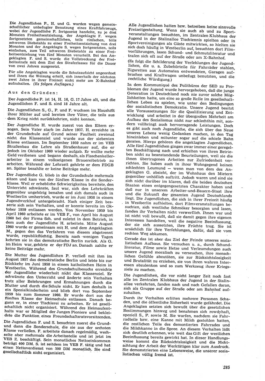 Neue Justiz (NJ), Zeitschrift für Recht und Rechtswissenschaft [Deutsche Demokratische Republik (DDR)], 15. Jahrgang 1961, Seite 285 (NJ DDR 1961, S. 285)