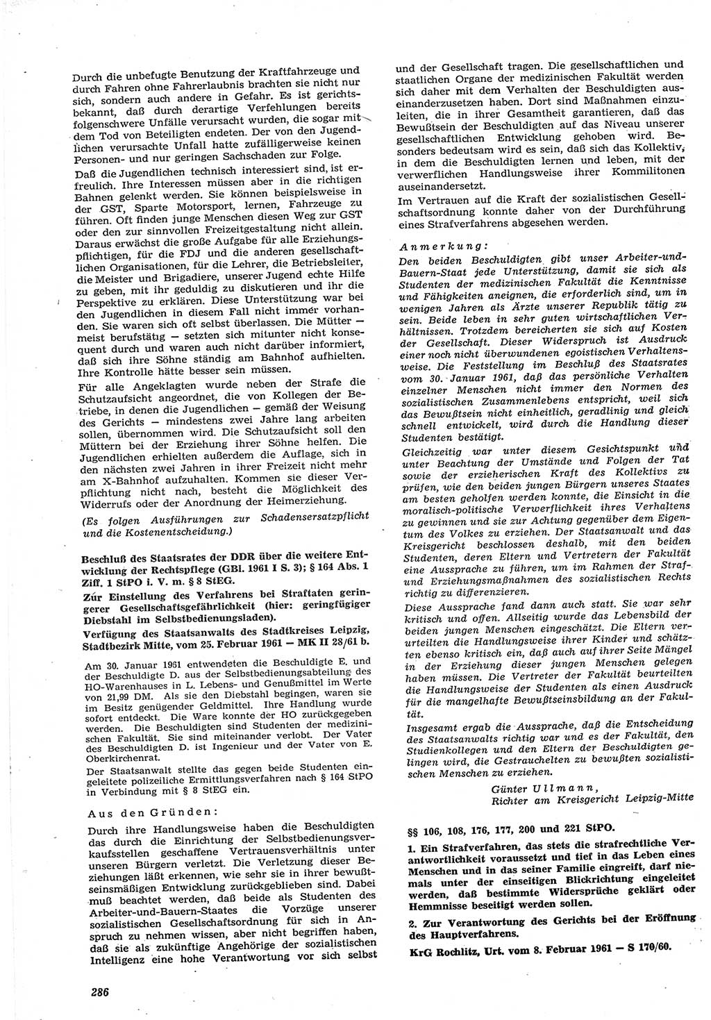 Neue Justiz (NJ), Zeitschrift für Recht und Rechtswissenschaft [Deutsche Demokratische Republik (DDR)], 15. Jahrgang 1961, Seite 286 (NJ DDR 1961, S. 286)