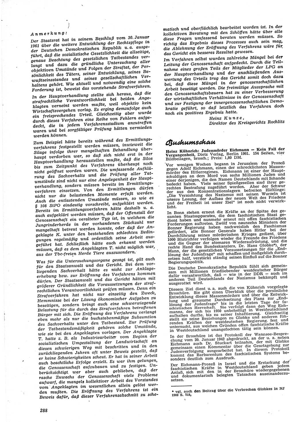 Neue Justiz (NJ), Zeitschrift für Recht und Rechtswissenschaft [Deutsche Demokratische Republik (DDR)], 15. Jahrgang 1961, Seite 288 (NJ DDR 1961, S. 288)