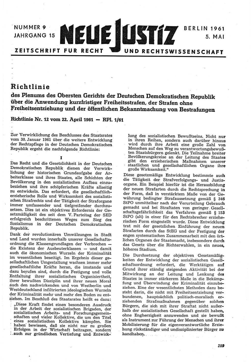 Neue Justiz (NJ), Zeitschrift für Recht und Rechtswissenschaft [Deutsche Demokratische Republik (DDR)], 15. Jahrgang 1961, Seite 289 (NJ DDR 1961, S. 289)