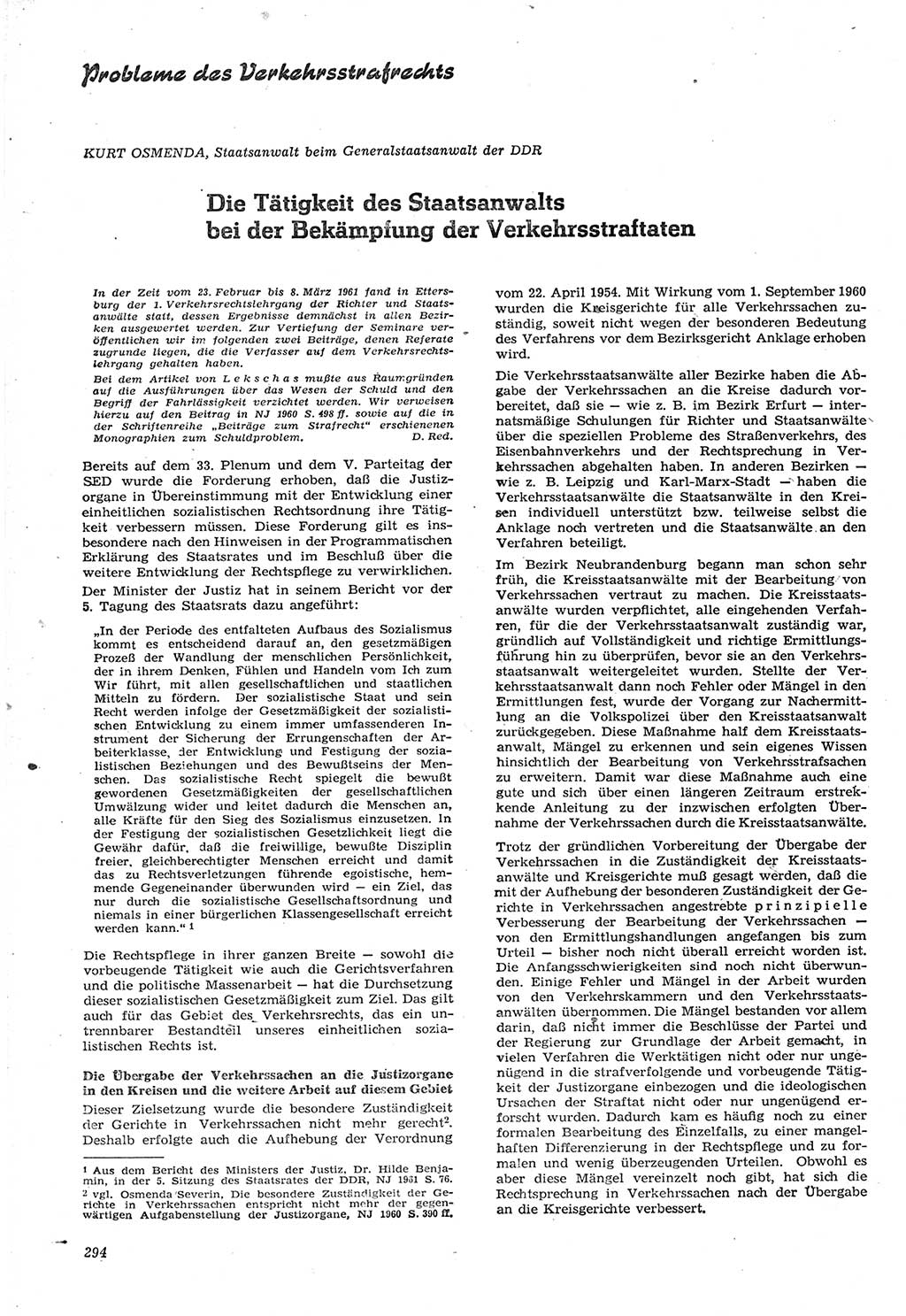 Neue Justiz (NJ), Zeitschrift für Recht und Rechtswissenschaft [Deutsche Demokratische Republik (DDR)], 15. Jahrgang 1961, Seite 294 (NJ DDR 1961, S. 294)