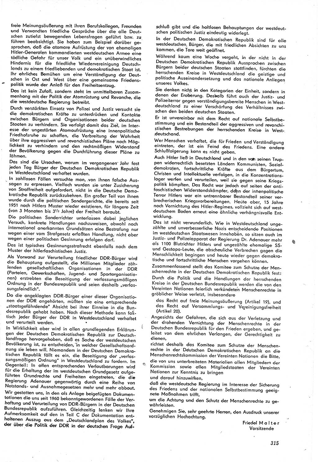 Neue Justiz (NJ), Zeitschrift für Recht und Rechtswissenschaft [Deutsche Demokratische Republik (DDR)], 15. Jahrgang 1961, Seite 315 (NJ DDR 1961, S. 315)