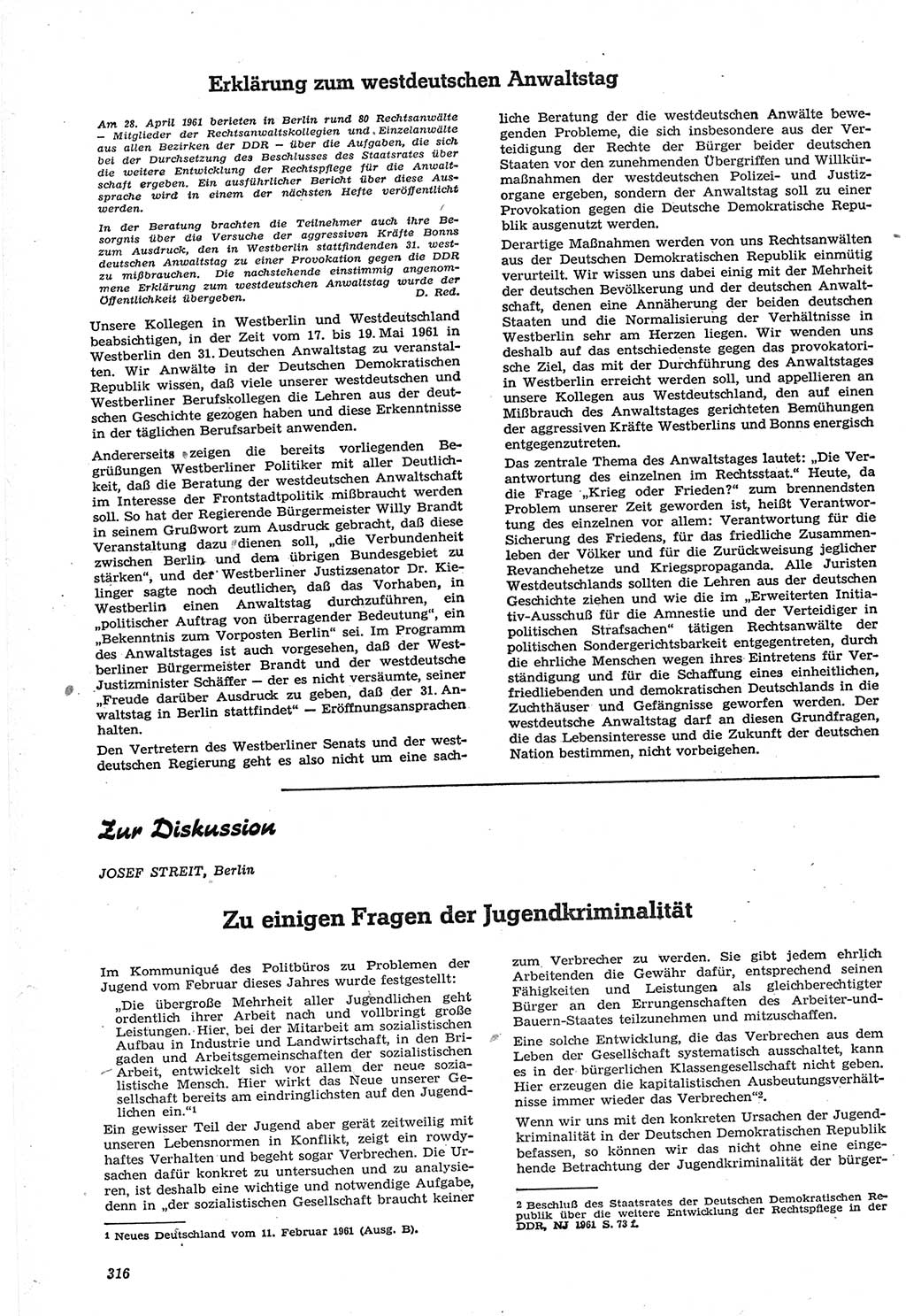 Neue Justiz (NJ), Zeitschrift für Recht und Rechtswissenschaft [Deutsche Demokratische Republik (DDR)], 15. Jahrgang 1961, Seite 316 (NJ DDR 1961, S. 316)