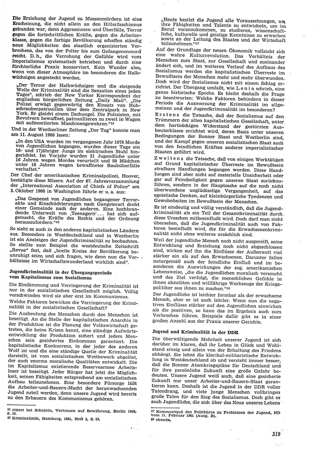 Neue Justiz (NJ), Zeitschrift für Recht und Rechtswissenschaft [Deutsche Demokratische Republik (DDR)], 15. Jahrgang 1961, Seite 319 (NJ DDR 1961, S. 319)