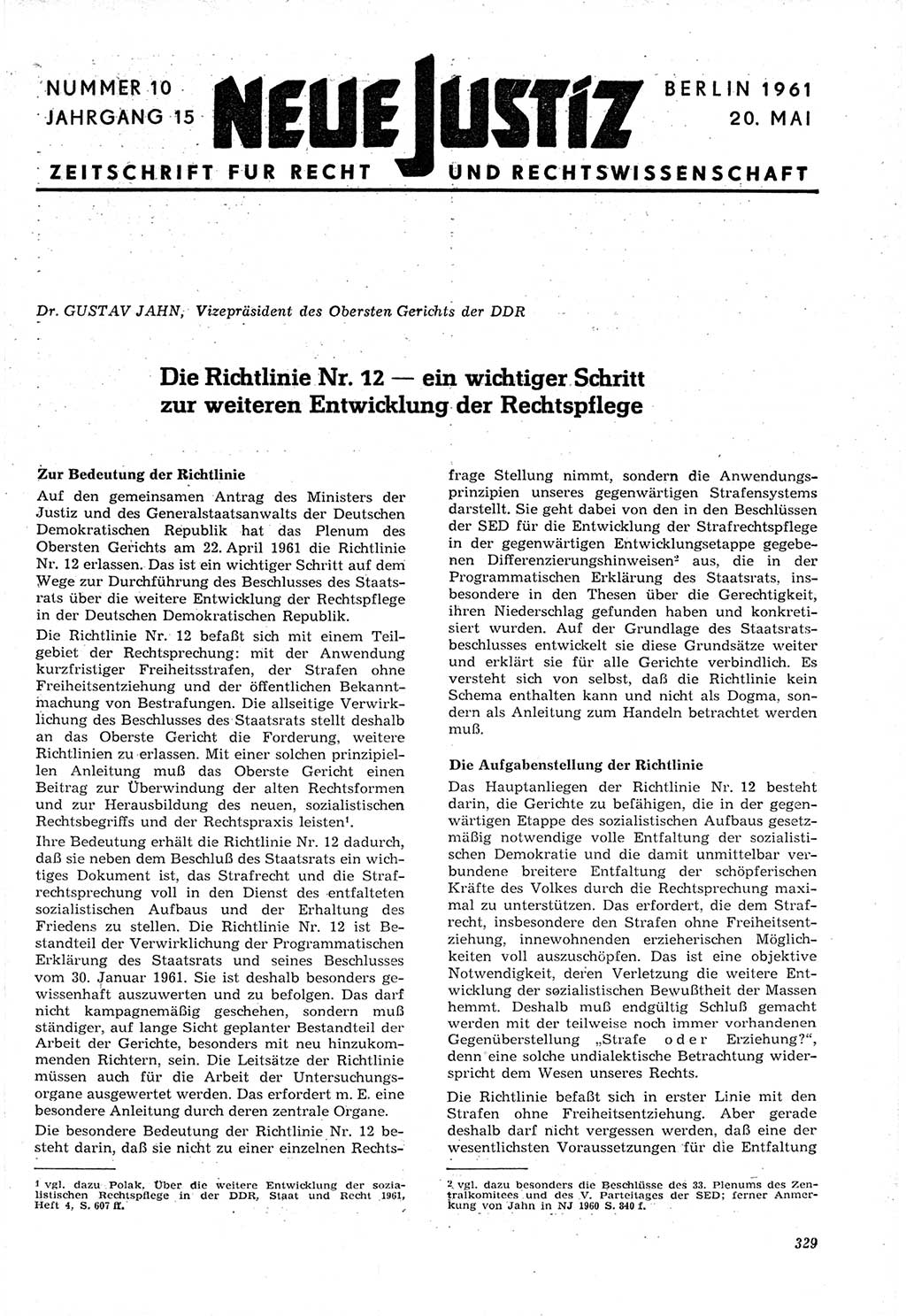 Neue Justiz (NJ), Zeitschrift für Recht und Rechtswissenschaft [Deutsche Demokratische Republik (DDR)], 15. Jahrgang 1961, Seite 329 (NJ DDR 1961, S. 329)