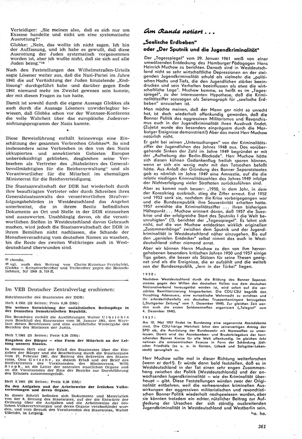 Neue Justiz (NJ), Zeitschrift für Recht und Rechtswissenschaft [Deutsche Demokratische Republik (DDR)], 15. Jahrgang 1961, Seite 361 (NJ DDR 1961, S. 361)
