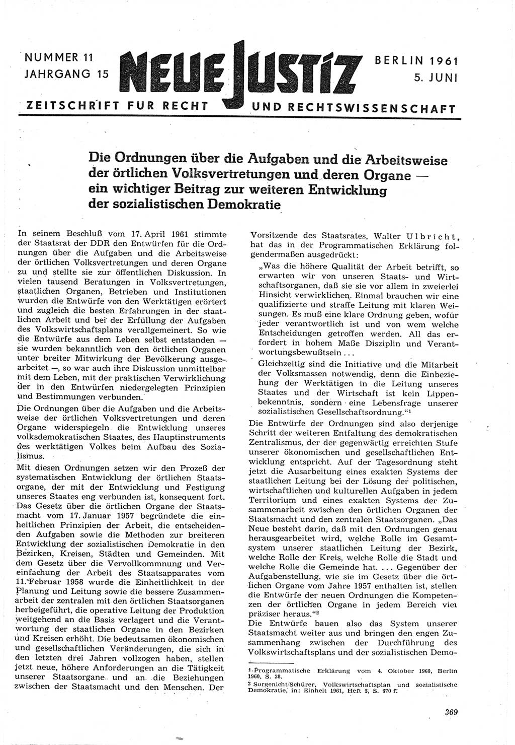 Neue Justiz (NJ), Zeitschrift für Recht und Rechtswissenschaft [Deutsche Demokratische Republik (DDR)], 15. Jahrgang 1961, Seite 369 (NJ DDR 1961, S. 369)