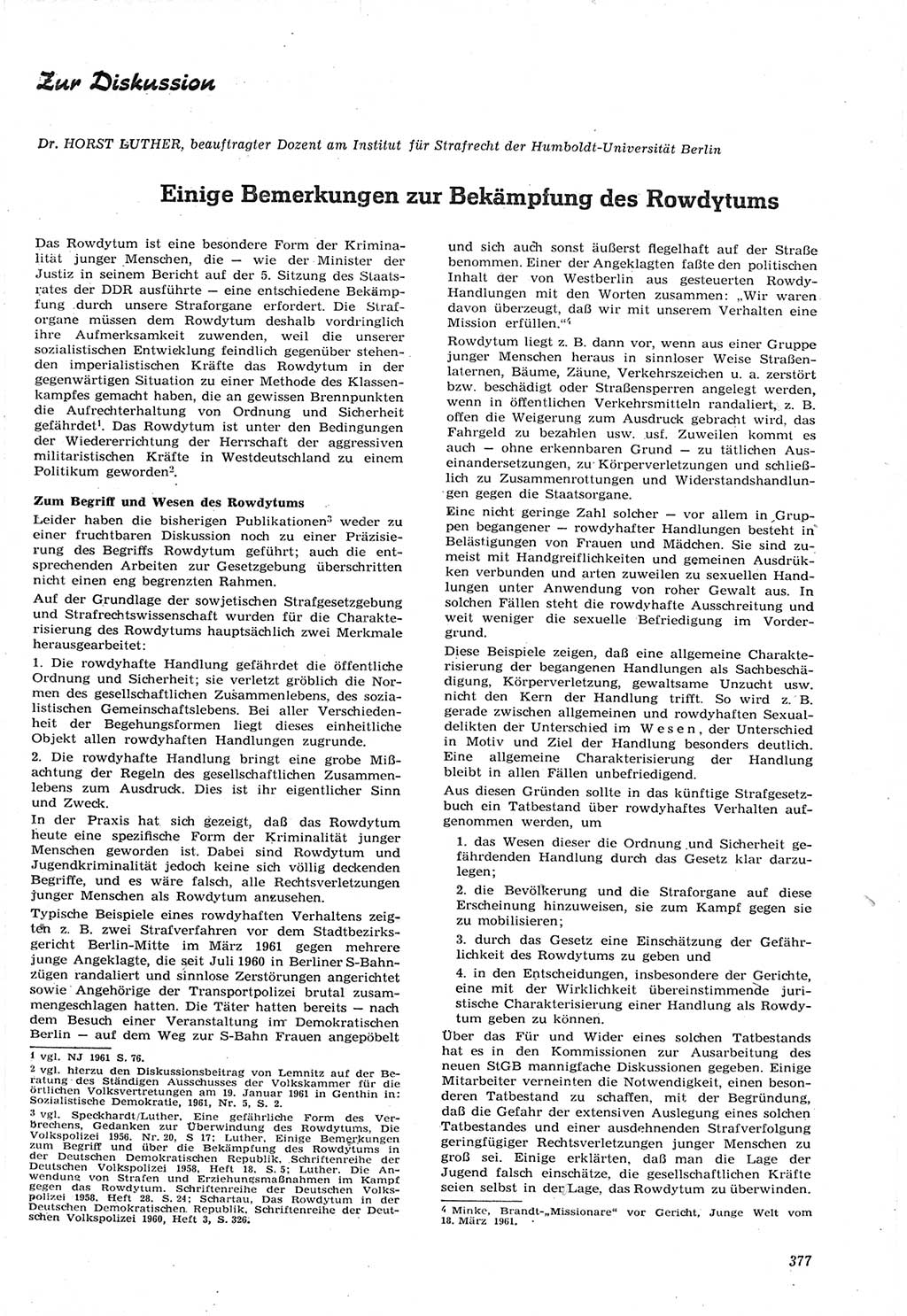 Neue Justiz (NJ), Zeitschrift für Recht und Rechtswissenschaft [Deutsche Demokratische Republik (DDR)], 15. Jahrgang 1961, Seite 377 (NJ DDR 1961, S. 377)