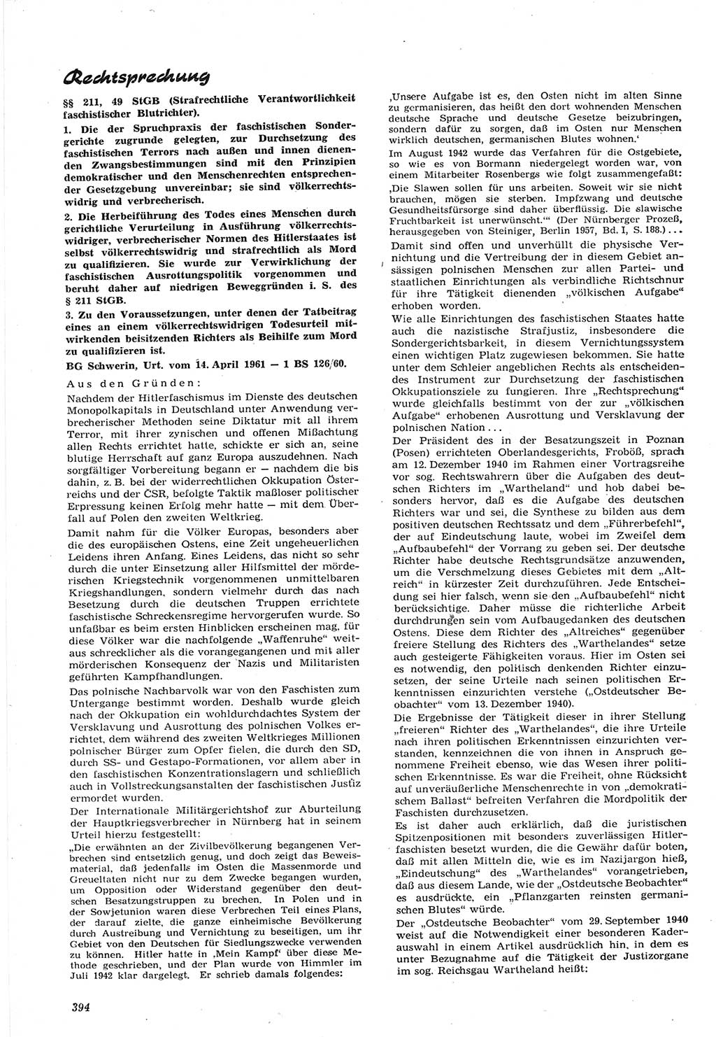 Neue Justiz (NJ), Zeitschrift für Recht und Rechtswissenschaft [Deutsche Demokratische Republik (DDR)], 15. Jahrgang 1961, Seite 394 (NJ DDR 1961, S. 394)