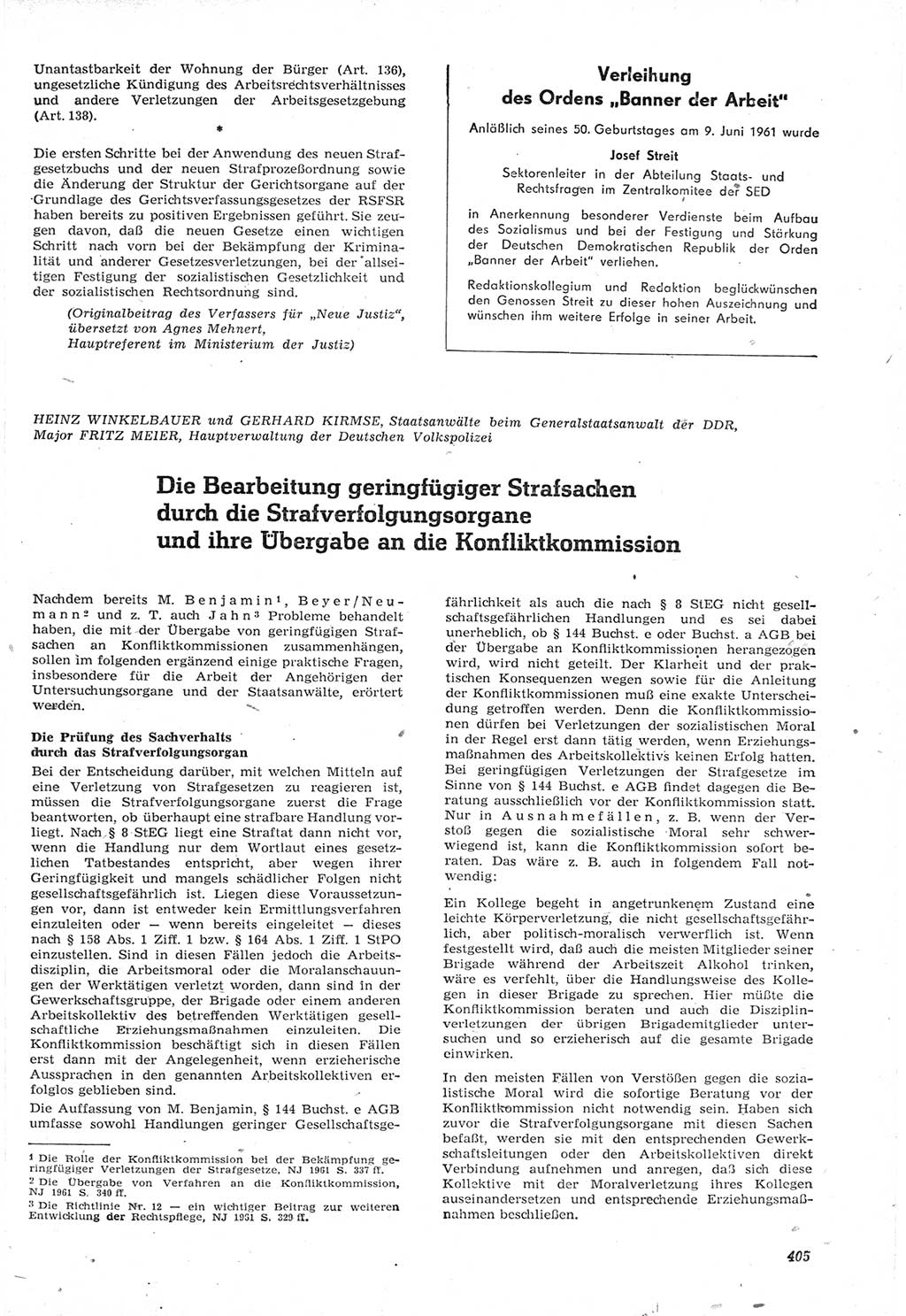 Neue Justiz (NJ), Zeitschrift für Recht und Rechtswissenschaft [Deutsche Demokratische Republik (DDR)], 15. Jahrgang 1961, Seite 405 (NJ DDR 1961, S. 405)