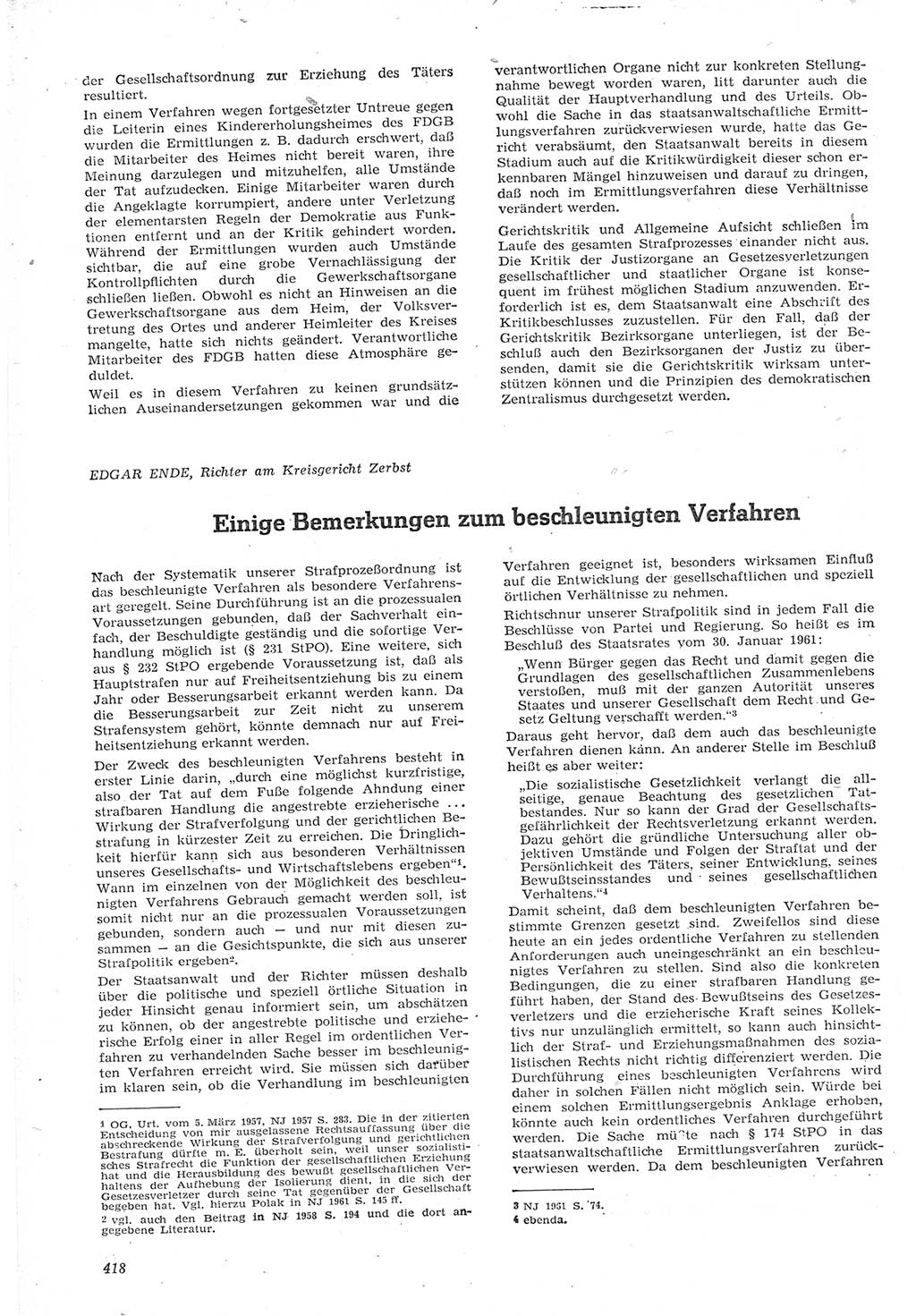 Neue Justiz (NJ), Zeitschrift für Recht und Rechtswissenschaft [Deutsche Demokratische Republik (DDR)], 15. Jahrgang 1961, Seite 418 (NJ DDR 1961, S. 418)