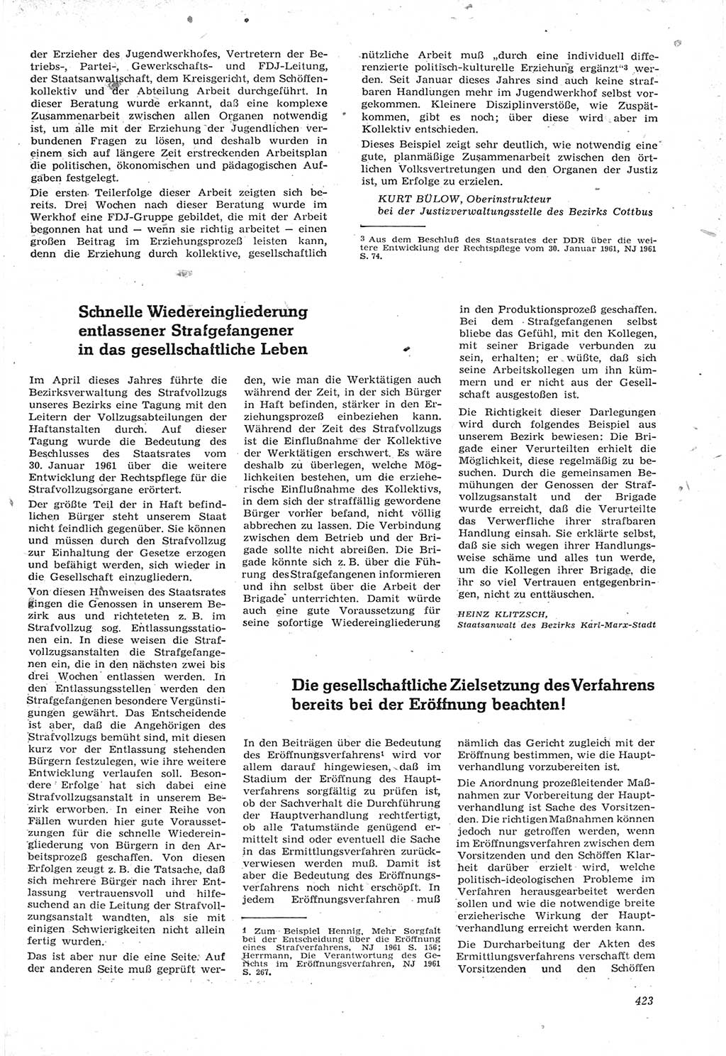 Neue Justiz (NJ), Zeitschrift für Recht und Rechtswissenschaft [Deutsche Demokratische Republik (DDR)], 15. Jahrgang 1961, Seite 423 (NJ DDR 1961, S. 423)