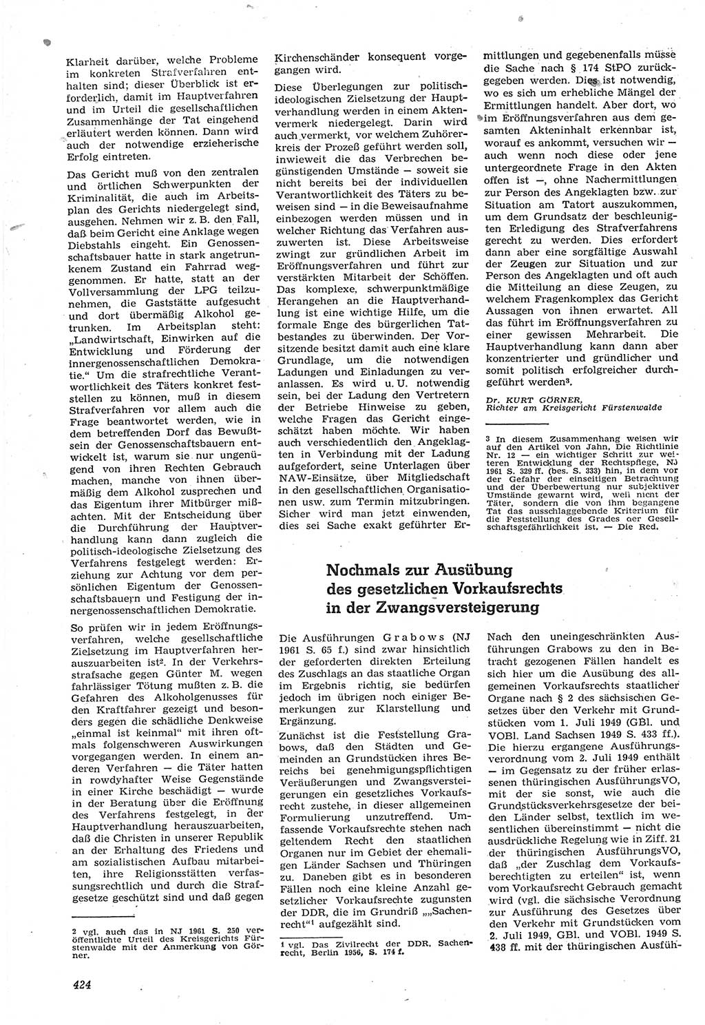 Neue Justiz (NJ), Zeitschrift für Recht und Rechtswissenschaft [Deutsche Demokratische Republik (DDR)], 15. Jahrgang 1961, Seite 424 (NJ DDR 1961, S. 424)