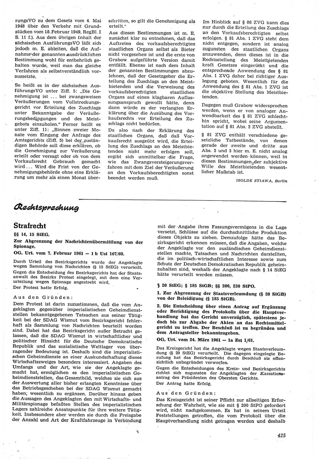 Neue Justiz (NJ), Zeitschrift für Recht und Rechtswissenschaft [Deutsche Demokratische Republik (DDR)], 15. Jahrgang 1961, Seite 425 (NJ DDR 1961, S. 425)
