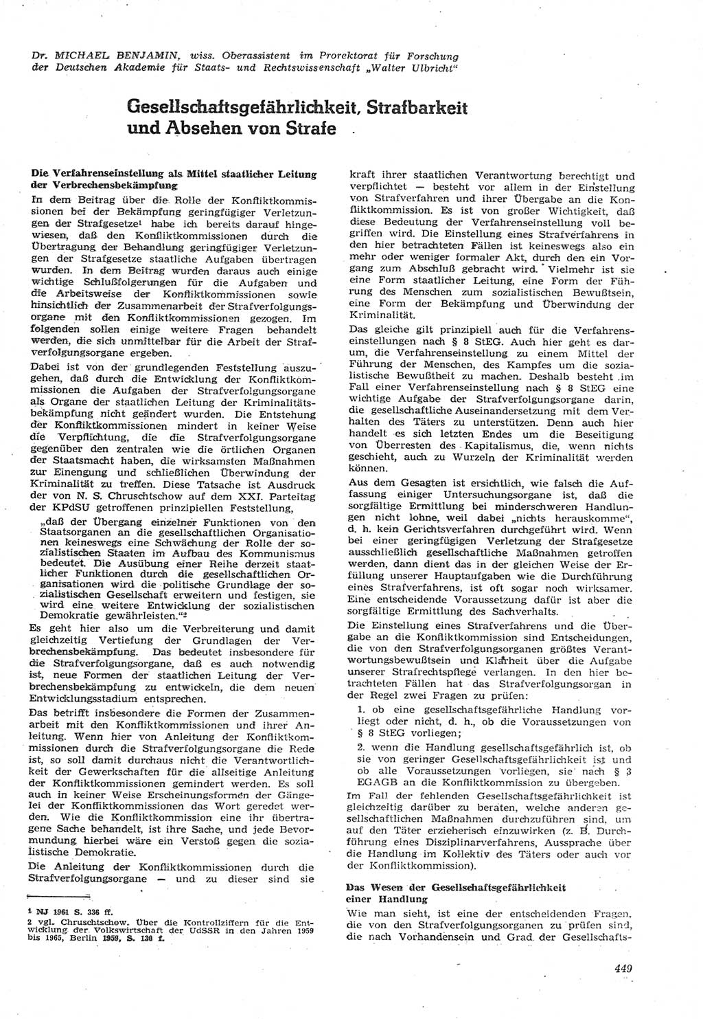 Neue Justiz (NJ), Zeitschrift für Recht und Rechtswissenschaft [Deutsche Demokratische Republik (DDR)], 15. Jahrgang 1961, Seite 449 (NJ DDR 1961, S. 449)