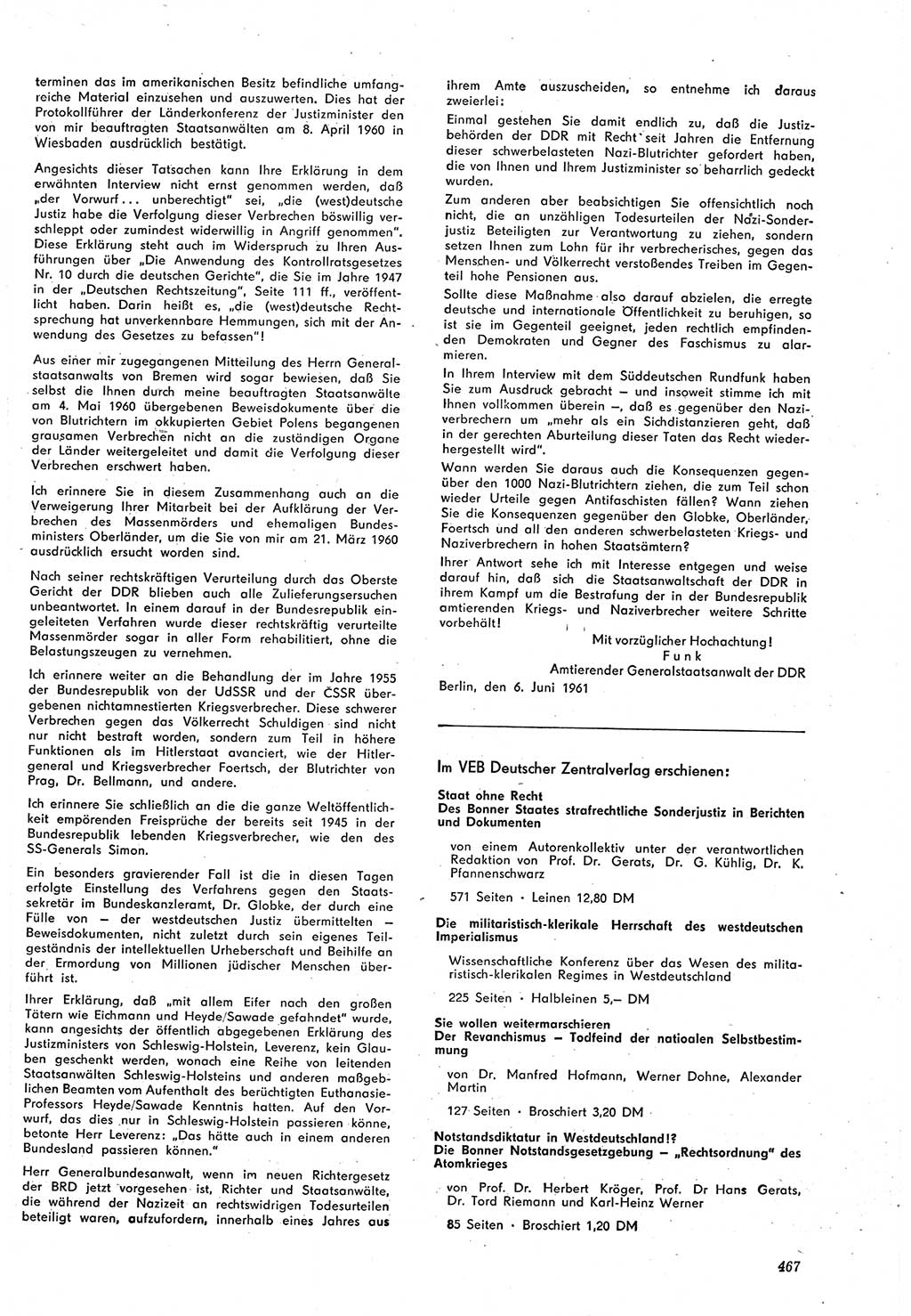 Neue Justiz (NJ), Zeitschrift für Recht und Rechtswissenschaft [Deutsche Demokratische Republik (DDR)], 15. Jahrgang 1961, Seite 467 (NJ DDR 1961, S. 467)