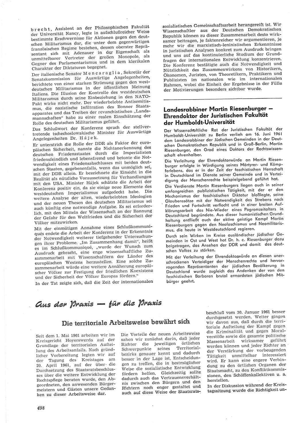 Neue Justiz (NJ), Zeitschrift für Recht und Rechtswissenschaft [Deutsche Demokratische Republik (DDR)], 15. Jahrgang 1961, Seite 498 (NJ DDR 1961, S. 498)