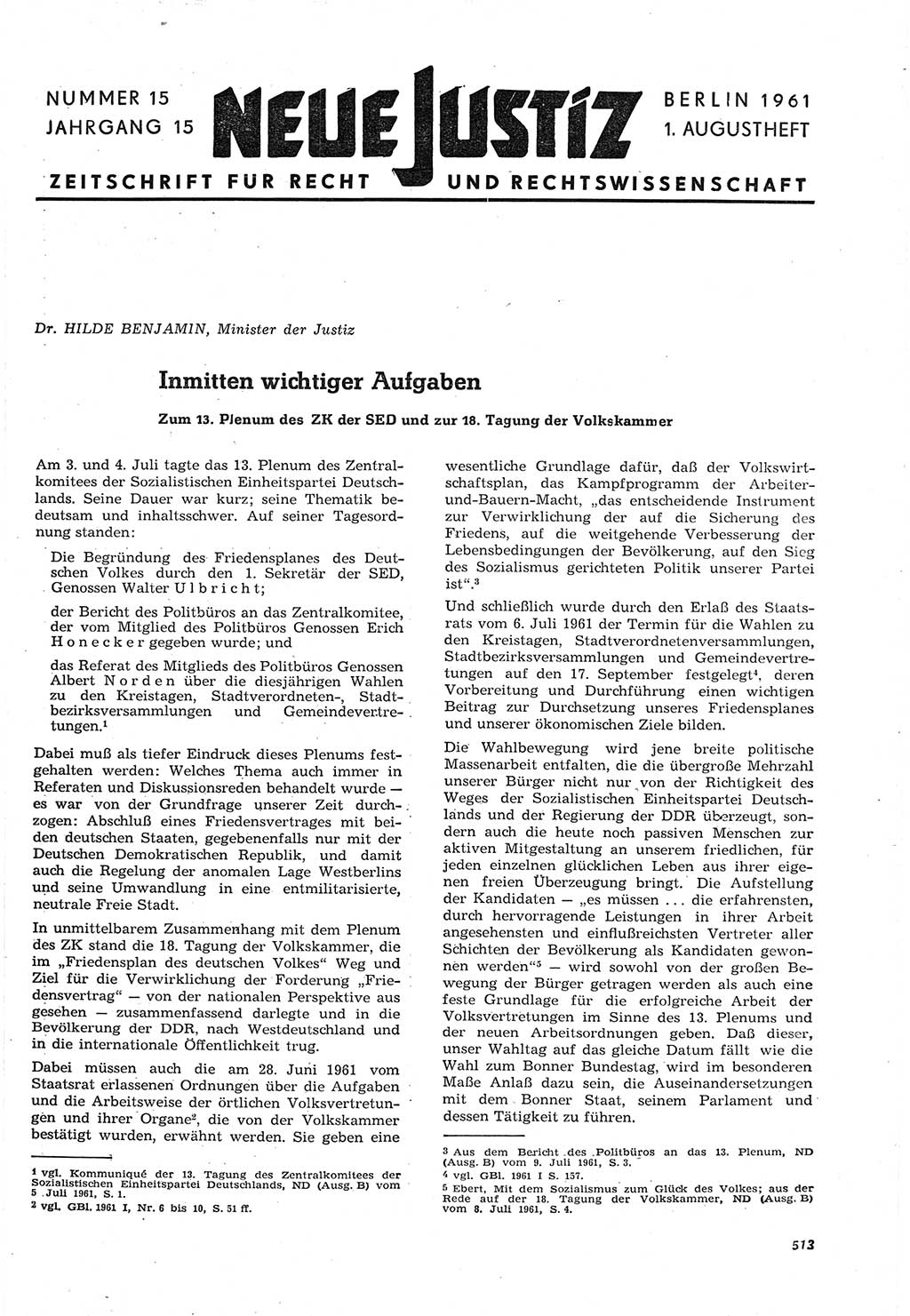 Neue Justiz (NJ), Zeitschrift für Recht und Rechtswissenschaft [Deutsche Demokratische Republik (DDR)], 15. Jahrgang 1961, Seite 513 (NJ DDR 1961, S. 513)